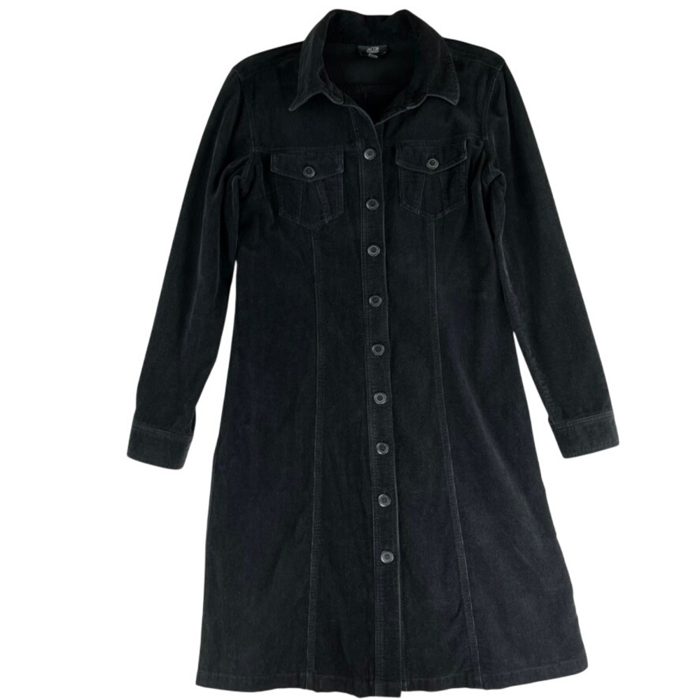Black Corduroy Shirt Dress Womens 11/12 Button Front Long Sleeve Utility‎ Midi